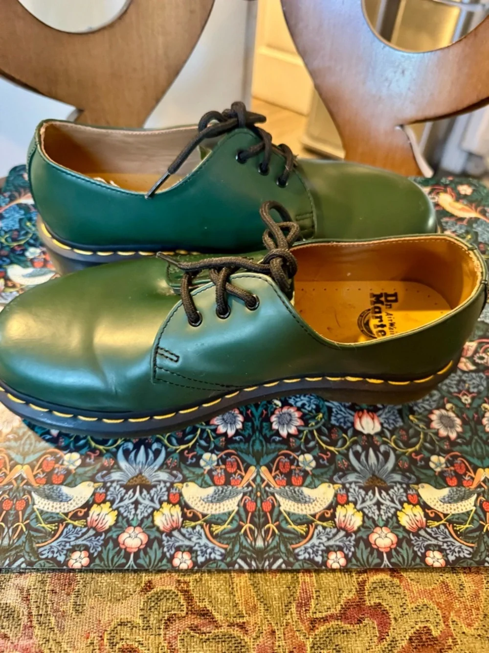Dr. Martens Green 3-Eye Leather Oxfords with Yellow Stitching - Picture 2 of 6